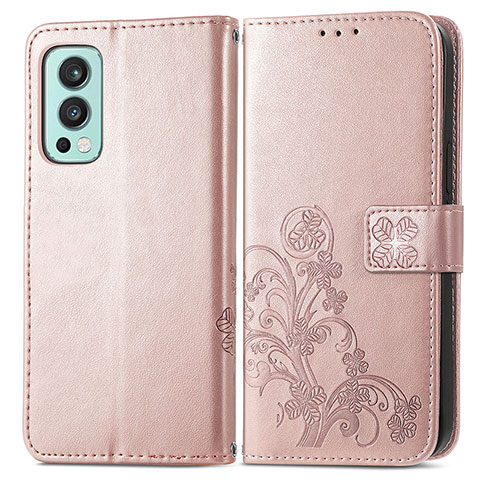 Coque Portefeuille Fleurs Livre Cuir Etui Clapet pour OnePlus Nord 2 5G Or Rose