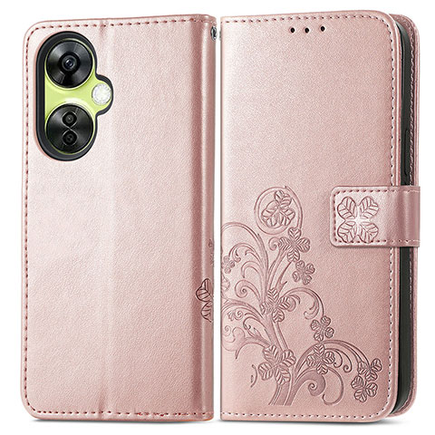 Coque Portefeuille Fleurs Livre Cuir Etui Clapet pour OnePlus Nord CE 3 5G Or Rose