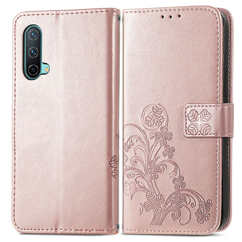 Coque Portefeuille Fleurs Livre Cuir Etui Clapet pour OnePlus Nord CE 5G Or Rose