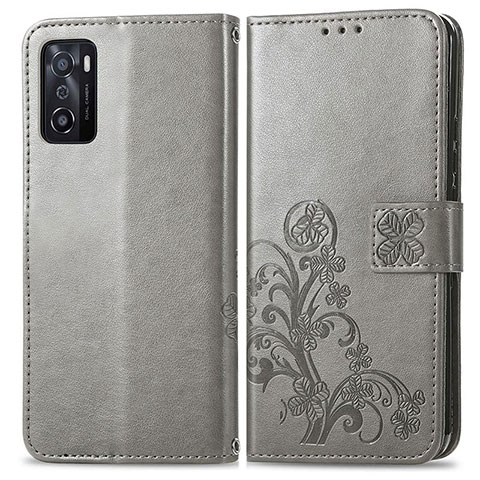 Coque Portefeuille Fleurs Livre Cuir Etui Clapet pour Oppo A55S 5G Gris