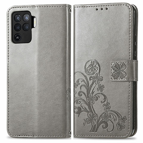 Coque Portefeuille Fleurs Livre Cuir Etui Clapet pour Oppo A94 4G Gris