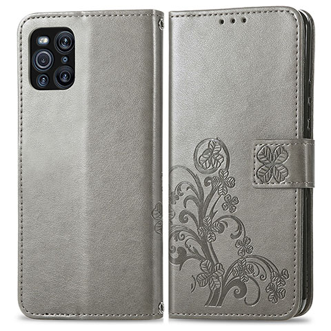 Coque Portefeuille Fleurs Livre Cuir Etui Clapet pour Oppo Find X3 5G Gris