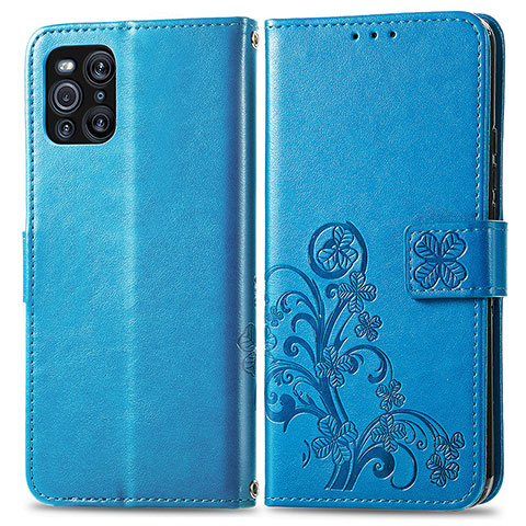 Coque Portefeuille Fleurs Livre Cuir Etui Clapet pour Oppo Find X3 Pro 5G Bleu