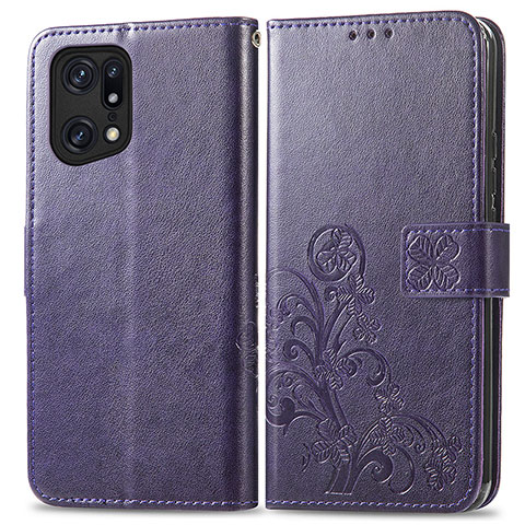 Coque Portefeuille Fleurs Livre Cuir Etui Clapet pour Oppo Find X5 5G Violet