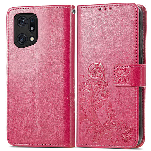 Coque Portefeuille Fleurs Livre Cuir Etui Clapet pour Oppo Find X5 Pro 5G Rouge