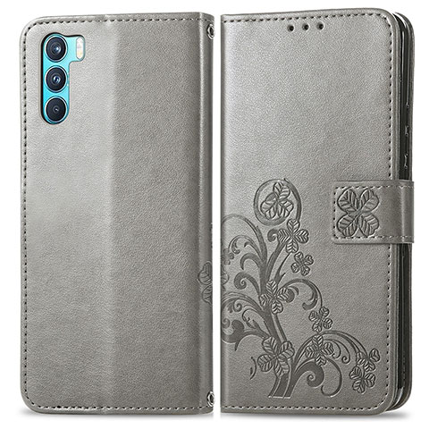 Coque Portefeuille Fleurs Livre Cuir Etui Clapet pour Oppo K9 Pro 5G Gris