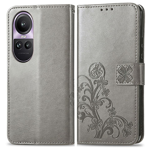 Coque Portefeuille Fleurs Livre Cuir Etui Clapet pour Oppo Reno10 Pro 5G Gris