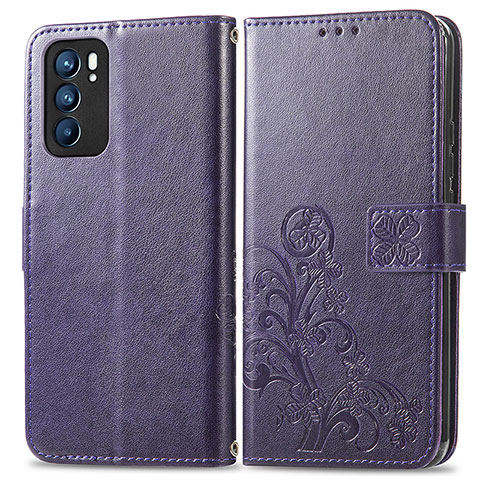 Coque Portefeuille Fleurs Livre Cuir Etui Clapet pour Oppo Reno6 5G Violet