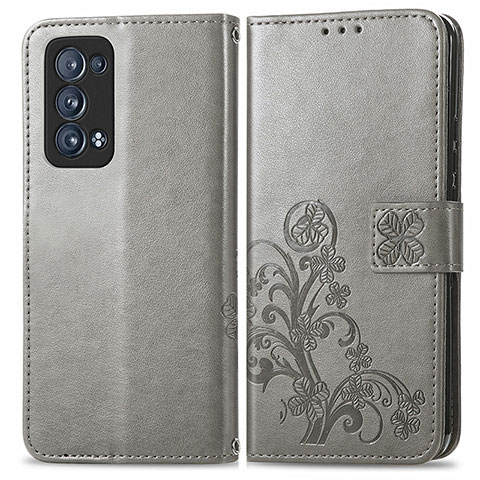 Coque Portefeuille Fleurs Livre Cuir Etui Clapet pour Oppo Reno6 Pro 5G Gris