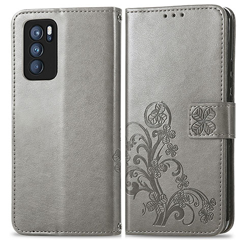 Coque Portefeuille Fleurs Livre Cuir Etui Clapet pour Oppo Reno6 Pro 5G India Gris