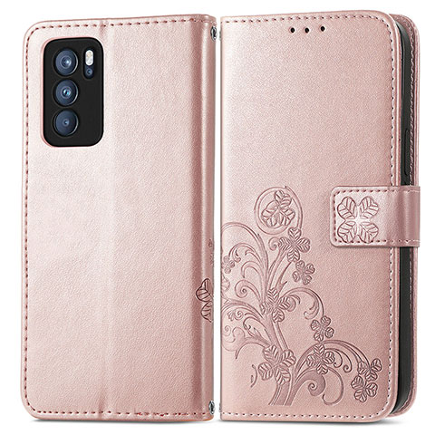 Coque Portefeuille Fleurs Livre Cuir Etui Clapet pour Oppo Reno6 Pro 5G India Rose