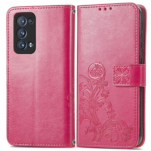 Coque Portefeuille Fleurs Livre Cuir Etui Clapet pour Oppo Reno6 Pro+ Plus 5G Rouge