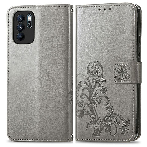 Coque Portefeuille Fleurs Livre Cuir Etui Clapet pour Oppo Reno6 Z 5G Gris