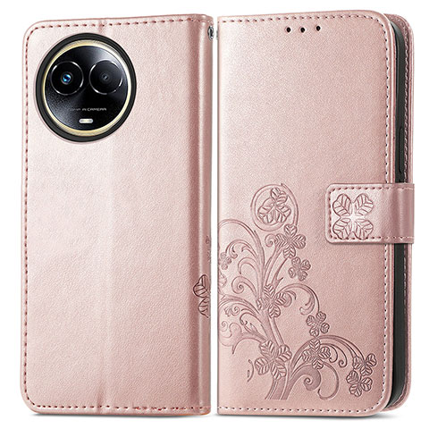 Coque Portefeuille Fleurs Livre Cuir Etui Clapet pour Realme 11 5G Or Rose