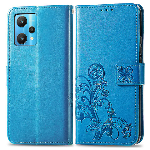 Coque Portefeuille Fleurs Livre Cuir Etui Clapet pour Realme 9 4G Bleu