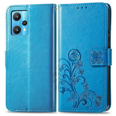 Coque Portefeuille Fleurs Livre Cuir Etui Clapet pour Realme 9 5G Bleu