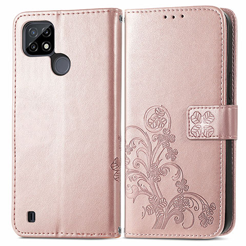 Coque Portefeuille Fleurs Livre Cuir Etui Clapet pour Realme C21Y Or Rose