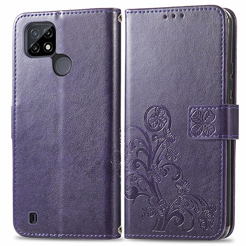 Coque Portefeuille Fleurs Livre Cuir Etui Clapet pour Realme C25Y India Violet