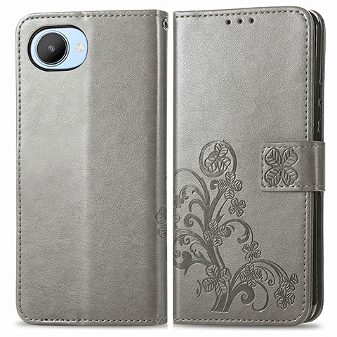 Coque Portefeuille Fleurs Livre Cuir Etui Clapet pour Realme C30s Gris