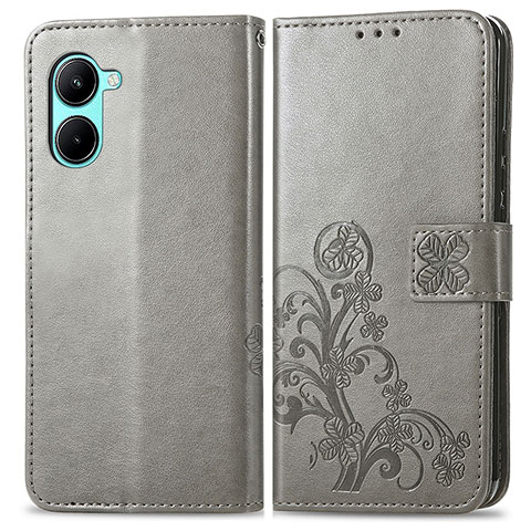 Coque Portefeuille Fleurs Livre Cuir Etui Clapet pour Realme C33 (2023) Gris