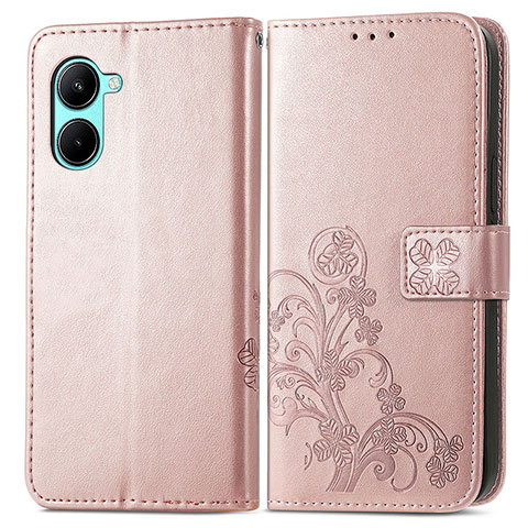 Coque Portefeuille Fleurs Livre Cuir Etui Clapet pour Realme C33 Or Rose