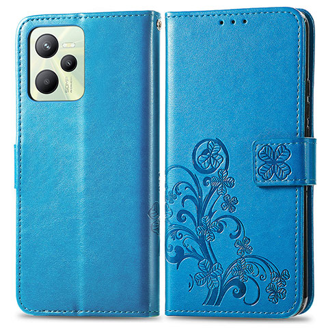 Coque Portefeuille Fleurs Livre Cuir Etui Clapet pour Realme C35 Bleu