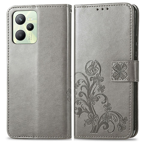 Coque Portefeuille Fleurs Livre Cuir Etui Clapet pour Realme C35 Gris