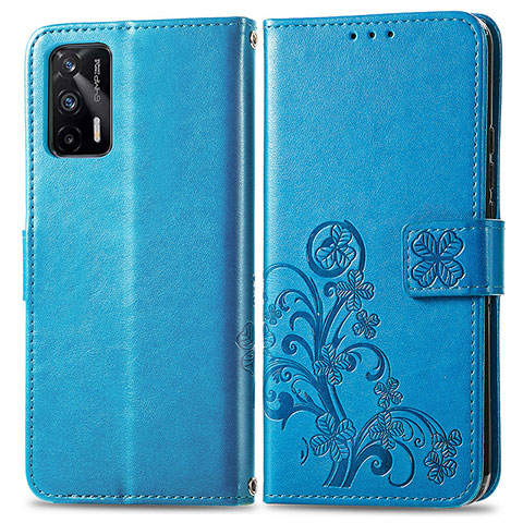 Coque Portefeuille Fleurs Livre Cuir Etui Clapet pour Realme GT 5G Bleu