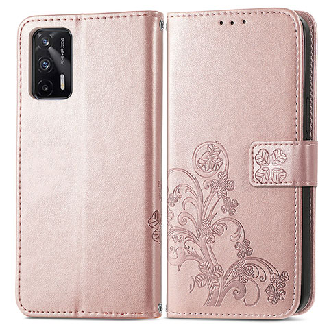 Coque Portefeuille Fleurs Livre Cuir Etui Clapet pour Realme GT Neo 2T 5G Or Rose