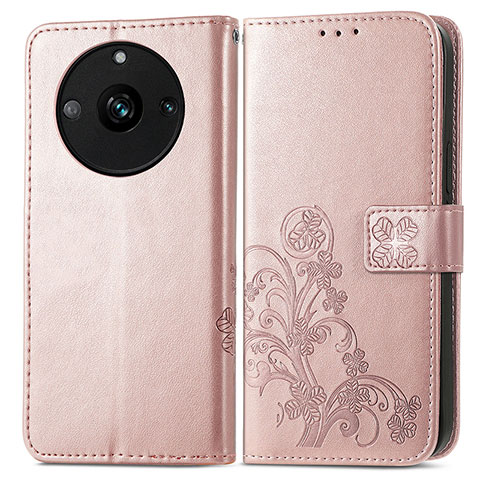 Coque Portefeuille Fleurs Livre Cuir Etui Clapet pour Realme Narzo 60 5G Or Rose