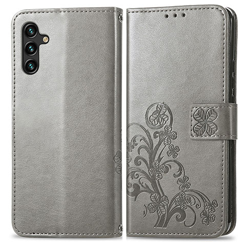 Coque Portefeuille Fleurs Livre Cuir Etui Clapet pour Samsung Galaxy A04s Gris