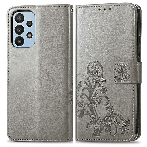 Coque Portefeuille Fleurs Livre Cuir Etui Clapet pour Samsung Galaxy A23 4G Gris