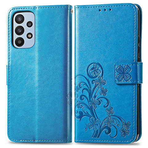 Coque Portefeuille Fleurs Livre Cuir Etui Clapet pour Samsung Galaxy A23 5G Bleu