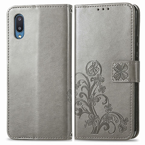 Coque Portefeuille Fleurs Livre Cuir Etui Clapet pour Samsung Galaxy M02 Gris