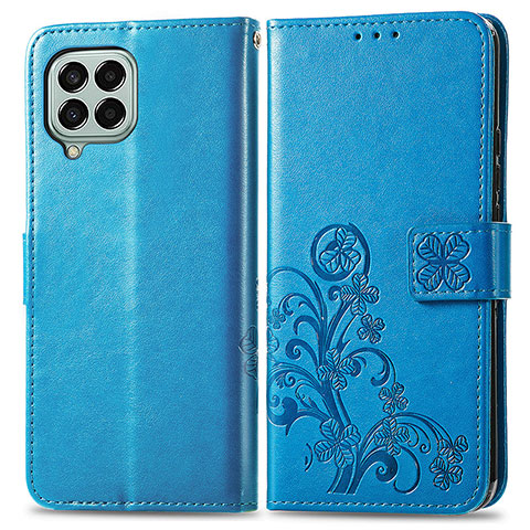 Coque Portefeuille Fleurs Livre Cuir Etui Clapet pour Samsung Galaxy M33 5G Bleu