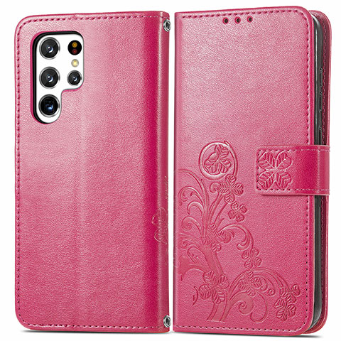 Coque Portefeuille Fleurs Livre Cuir Etui Clapet pour Samsung Galaxy S21 Ultra 5G Rouge