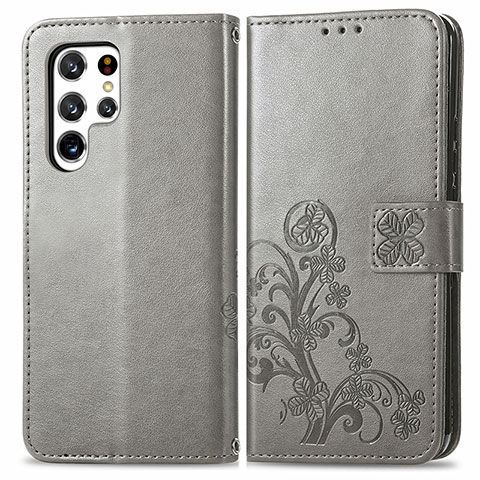 Coque Portefeuille Fleurs Livre Cuir Etui Clapet pour Samsung Galaxy S22 Ultra 5G Gris