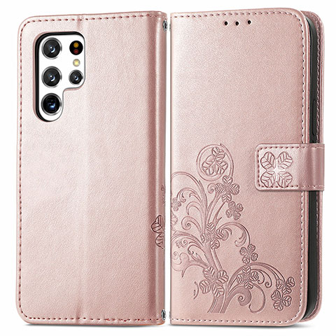 Coque Portefeuille Fleurs Livre Cuir Etui Clapet pour Samsung Galaxy S22 Ultra 5G Rose