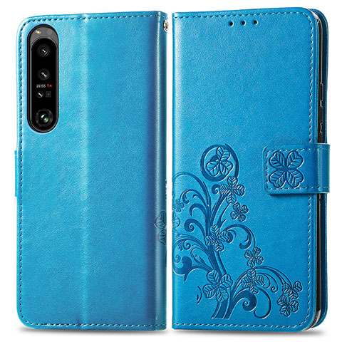 Coque Portefeuille Fleurs Livre Cuir Etui Clapet pour Sony Xperia 1 IV SO-51C Bleu