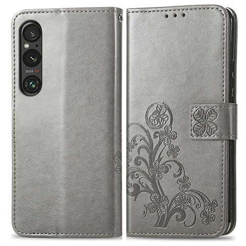 Coque Portefeuille Fleurs Livre Cuir Etui Clapet pour Sony Xperia 1 V Gris