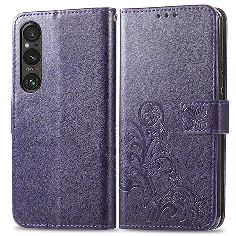 Coque Portefeuille Fleurs Livre Cuir Etui Clapet pour Sony Xperia 1 V Violet