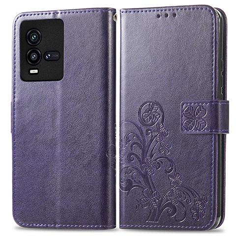 Coque Portefeuille Fleurs Livre Cuir Etui Clapet pour Vivo iQOO 9T 5G Violet