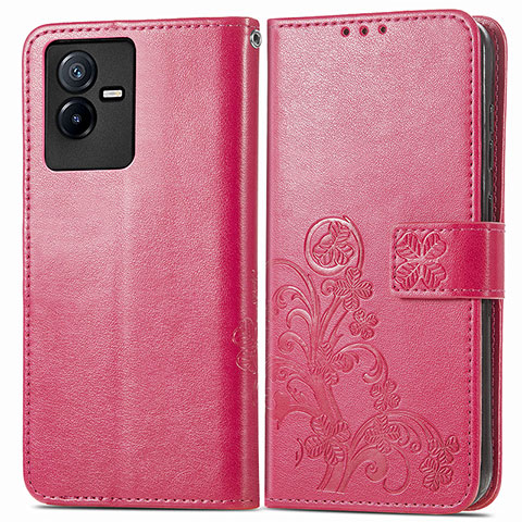 Coque Portefeuille Fleurs Livre Cuir Etui Clapet pour Vivo iQOO Z6x Rouge