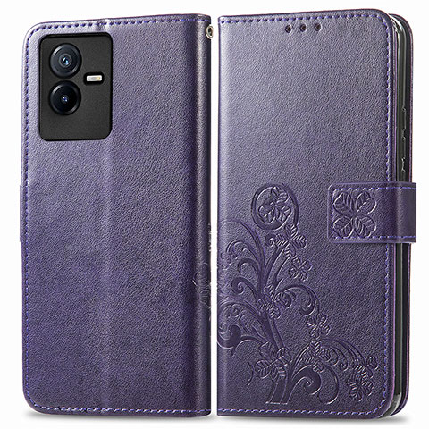 Coque Portefeuille Fleurs Livre Cuir Etui Clapet pour Vivo iQOO Z6x Violet