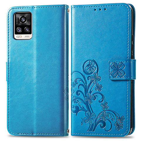 Coque Portefeuille Fleurs Livre Cuir Etui Clapet pour Vivo V20 (2021) Bleu