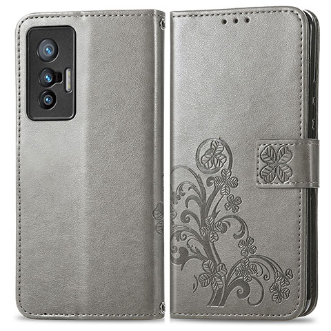 Coque Portefeuille Fleurs Livre Cuir Etui Clapet pour Vivo X70 5G Gris