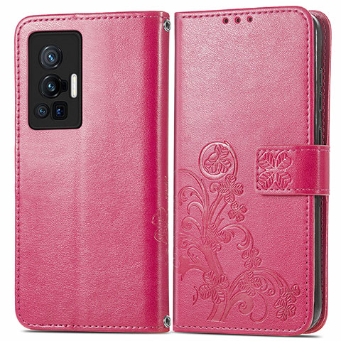 Coque Portefeuille Fleurs Livre Cuir Etui Clapet pour Vivo X70 Pro 5G Rouge