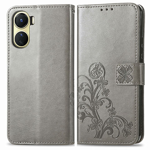 Coque Portefeuille Fleurs Livre Cuir Etui Clapet pour Vivo Y02S Gris