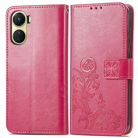 Coque Portefeuille Fleurs Livre Cuir Etui Clapet pour Vivo Y16 Rouge