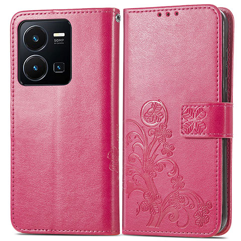 Coque Portefeuille Fleurs Livre Cuir Etui Clapet pour Vivo Y35 4G Rouge